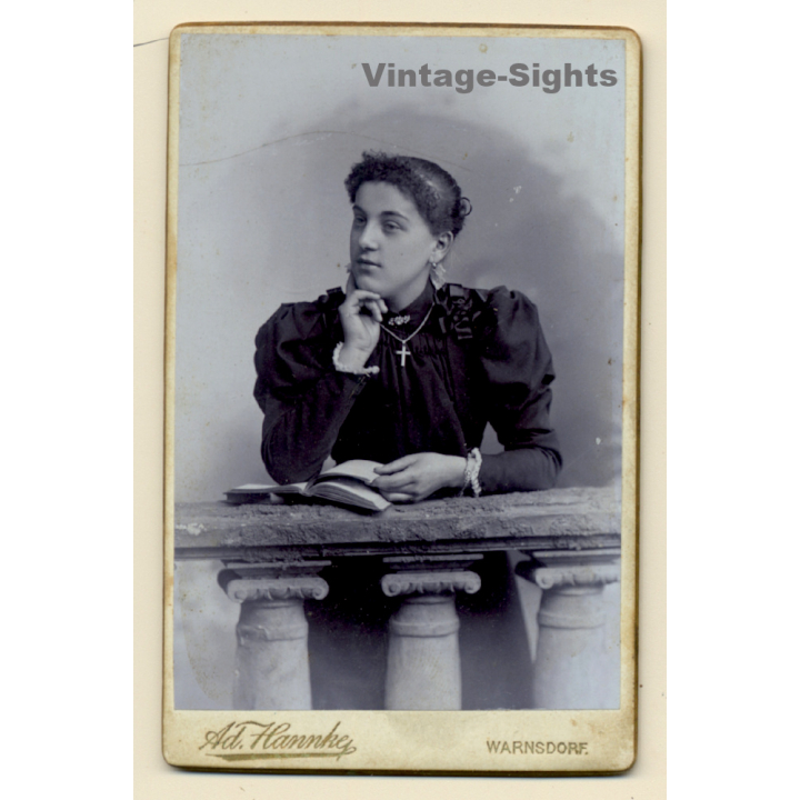 Ad.Hannke / Warnsdorf: Young Woman In Black Victorian Dress / Book - Cross (Vintage CDV ~1890s/1900s)
