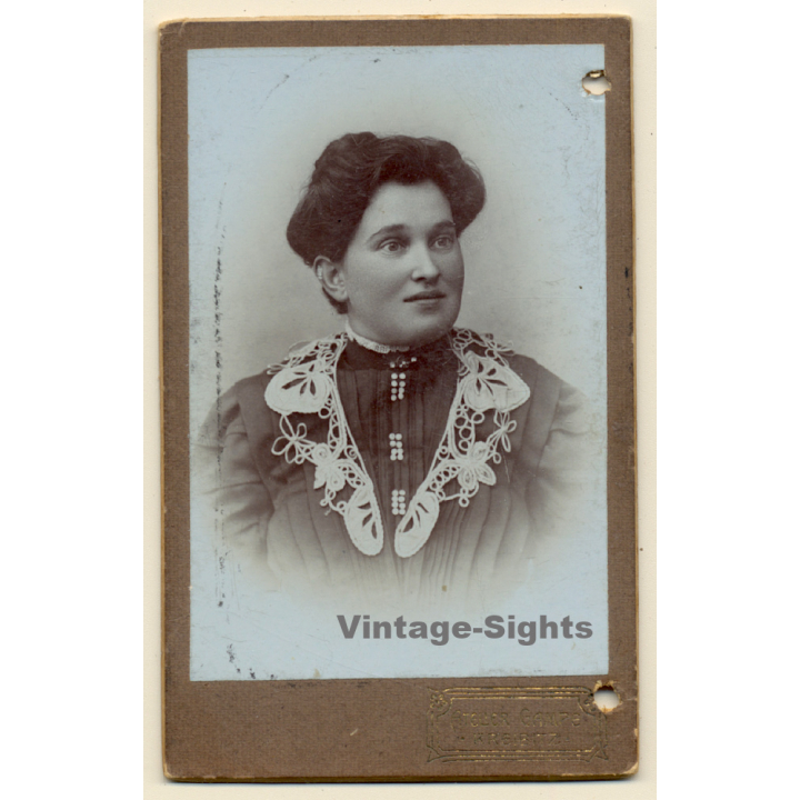 Atelier Gampe / Kreibitz: Darkhaired Woman In Victorian Blouse / Embroidery (Vintage CDV ~1890s/1900s)