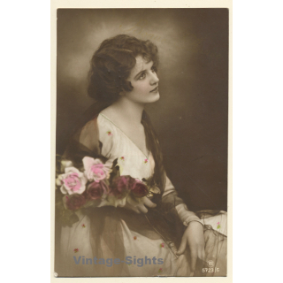 Portrait Of Young Pretty Female With Flower Bouquet (Vintage Hand Colored RPPC 1918)