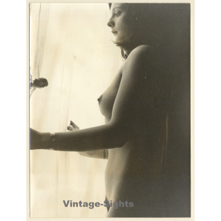 Erotic Study by Hubert Toyot: Natural Dark-Haired Nude*11 / Looking Out Of Window (Large Vintage Photo 1950s/1960s)