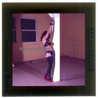 BDSM Study: Maid In Lacquer Outfit Tied To Rafter / Overknees (Vintage Diapositive 1970s/1980s)
