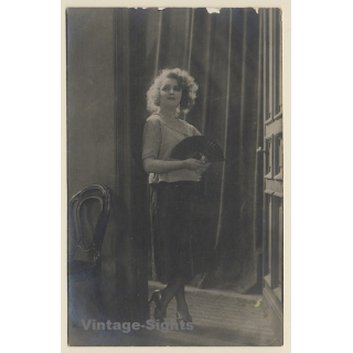 Elegant Blonde Woman With Fan / Abanico (Vintage RPPC ~1920s/1930s)
