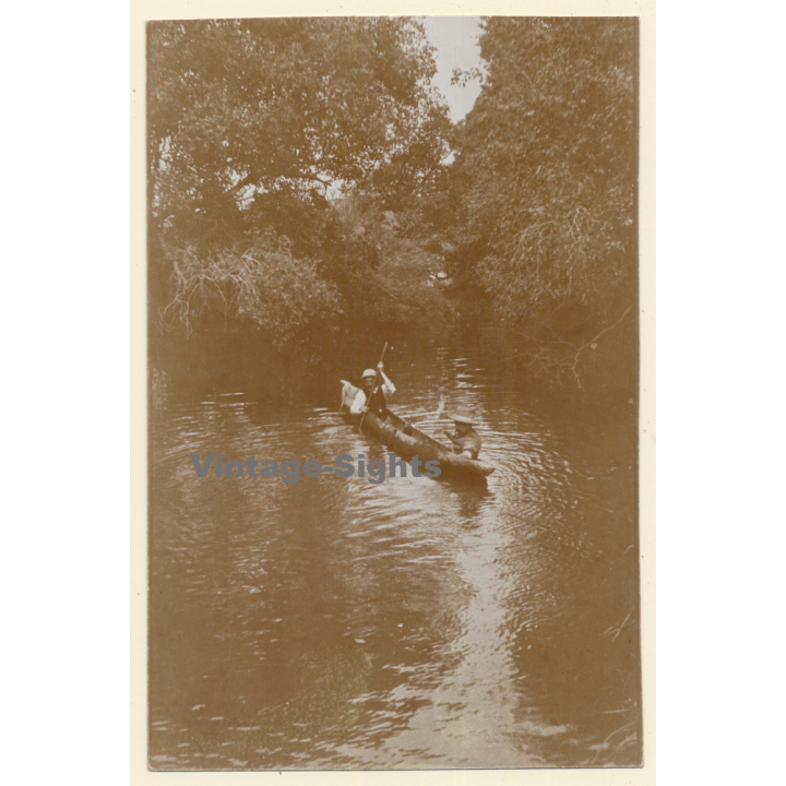 Haute-Katanga / Belgian Congo: 2 Colonial Masters Pass River Kafubu In Dugout (Vintage RPPC ~1910s/1920s)