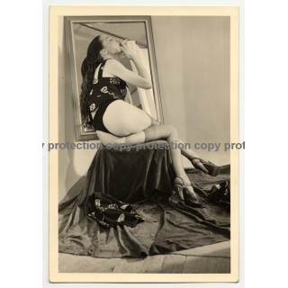 Seductive Brunette Smokes A Cigarette / Stockings (Vintage Photo B/W ~1930s)