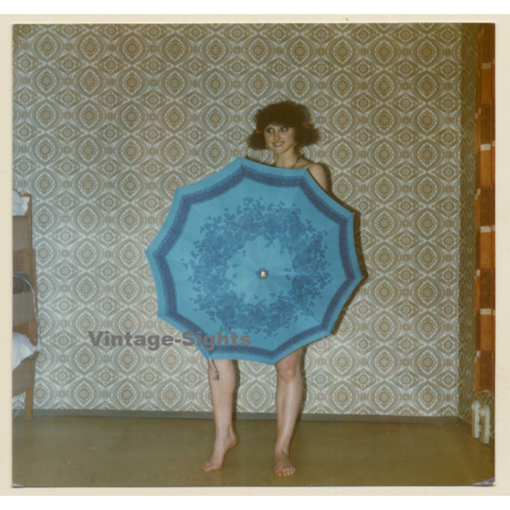 Erotic Study: Natural Semi Nude Curlyhead*6 / Hiding Behind Umbrella (Vintage Photo East Germany ~1990s)