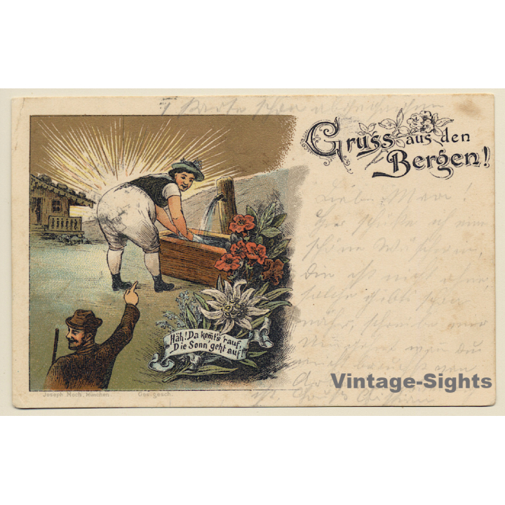 Fart Humor: Gruss Aus Den Bergen / Furz (Vintage PC Litho 1897)