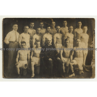 Group Of Young Muscular German Boxers & Trainer (Vintage RPPC ~1930/1940s)
