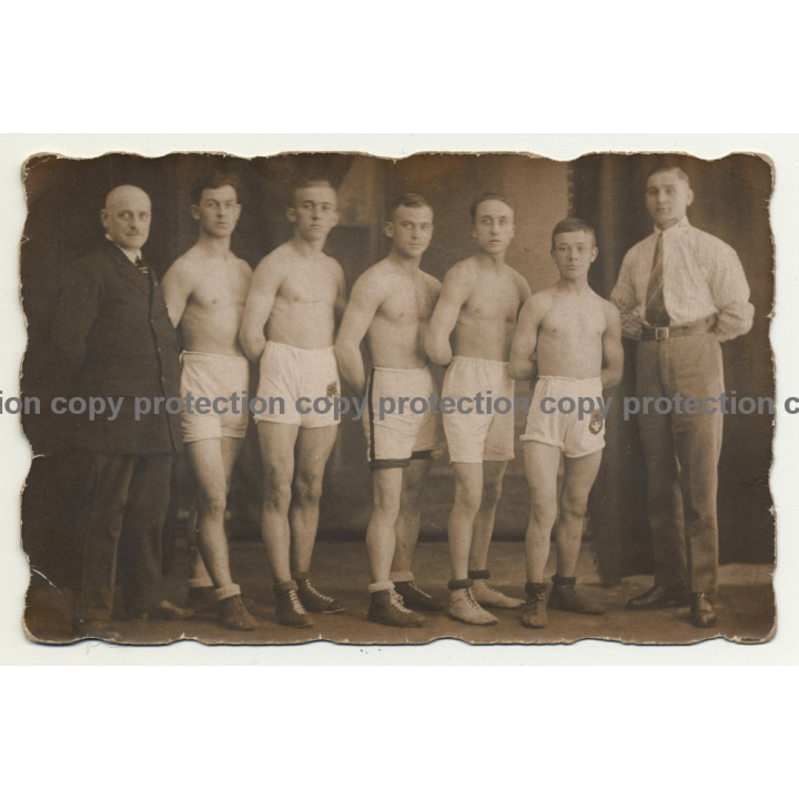 Group Of Young Muscular German Boxers & Trainer *2 (Vintage RPPC ~1930/1940s)