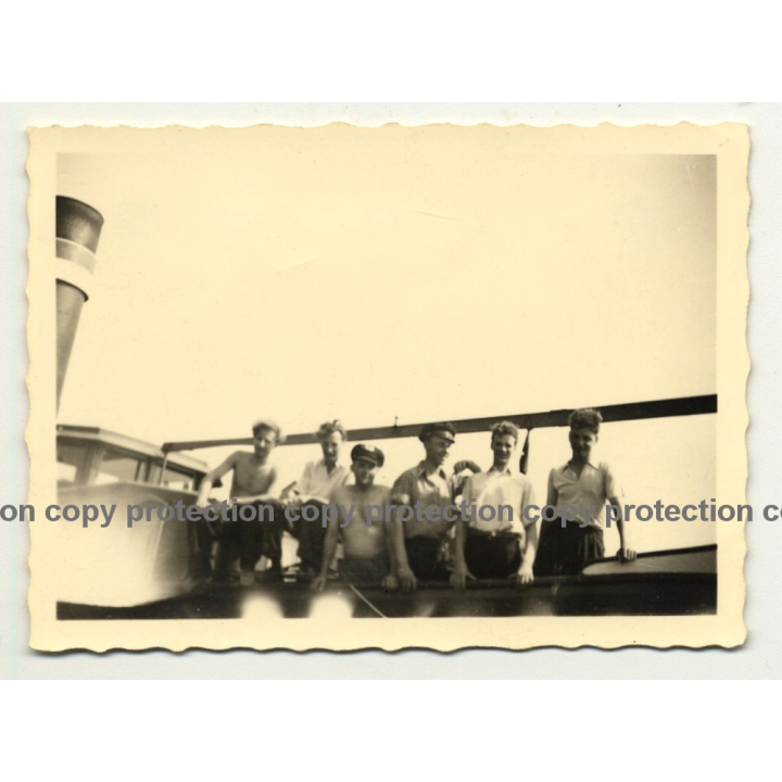 Group Of German Boatmen On Deck Of Barge (Vintage Photo B/W ~1950)