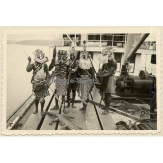 Congo Belge: Native Tribe Members On Deck Of Boat - Ritual Masks / Ethnic (Vintage Photo ~1940s/1950s)