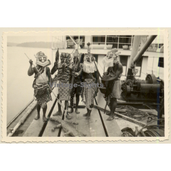 Congo Belge: Native Tribe Members On Deck Of Boat - Ritual Masks / Ethnic (Vintage Photo ~1940s/1950s)