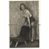 Busty Semi Nude Brunette On Lounge Chair *2 (Vintage Photo ~1950s)