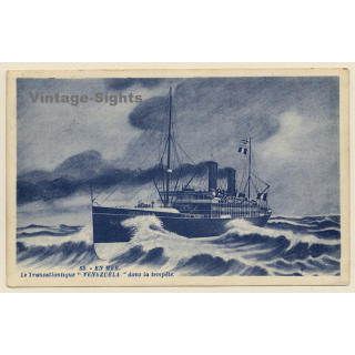 Le Transatlantique Venezuela Dans La Tempête / Steamer (Vintage PC 1928)