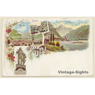 Uri / Schweiz: Tell Denkmal - Bürglen - Altdorf - Flüelen (Vintage PC Litho ~1900s)
