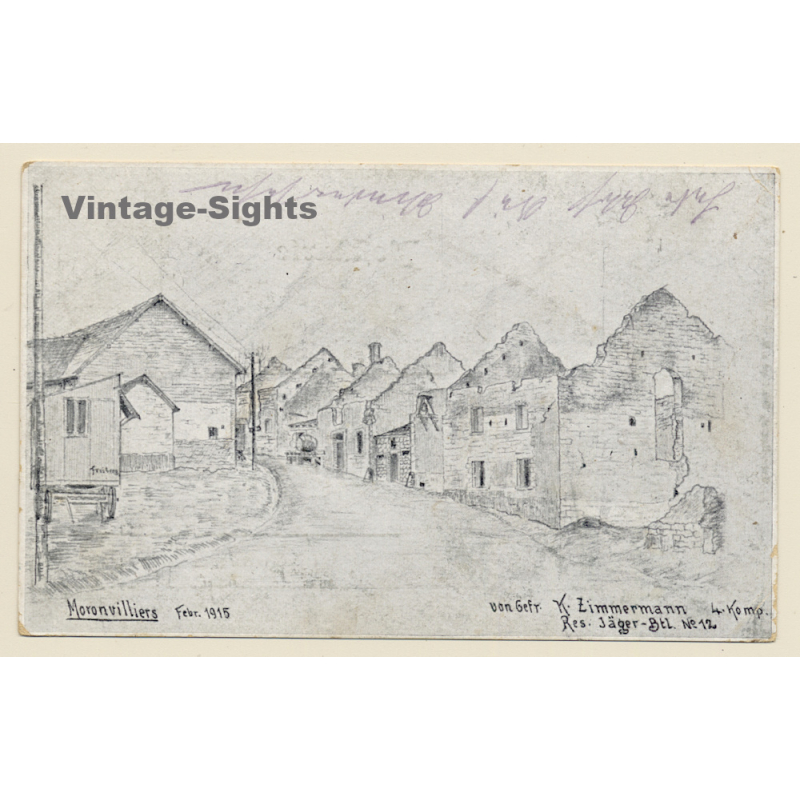 Moronvilliers: Drawing Of Destroyed Village By German Soldier (Vintage PC 1915)