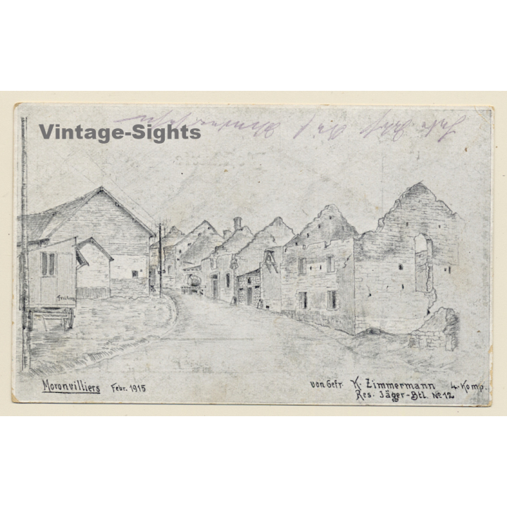 Moronvilliers: Drawing Of Destroyed Village By German Soldier (Vintage PC 1915)
