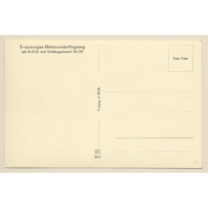 Mehrzwecke Flugzeug Henschel HS 124 / WW2 (Vintage RPPC ~1930s/1940s)