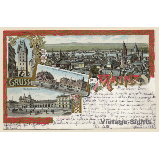 Mainz: Centralbahnhof - Holzturm - Zolllagerhaus (Vintage PC Litho 1899)