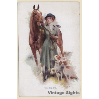 M. Munk / Wien: Elegant Lady, Horse & Dogs (Vintage PC ~1910s/1920s)