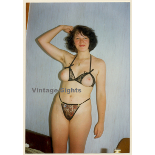 Erotic Study: Busty Topless Dark-Haired Female / Cheeky Bra (Vintage Photo East Germany 1990s)