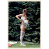 Erotic Study: Cheeky Brunette Semi Nude Outdoors*2 / White Lingerie (Vintage Photo East Germany 1990s)