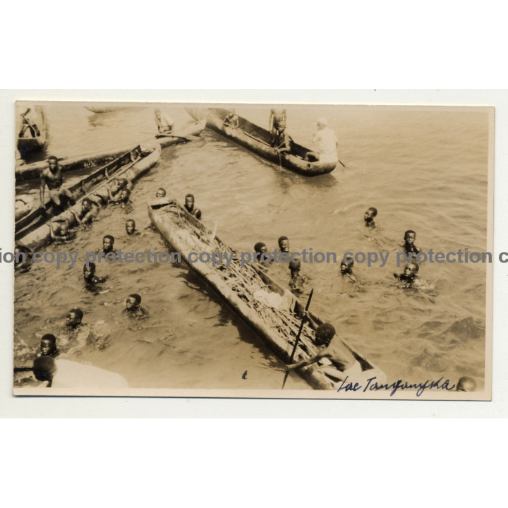 Group Of Native Kids Swiming In Lake Tanganyika / Dugout - Congo (Vintage RPPC B/W)