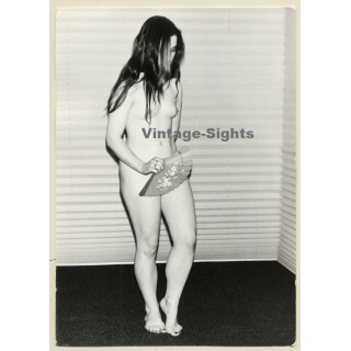 Erotic Study: Long-Haired Nude Female With Spanish Fan (Vintage Photo GDR 1980s)