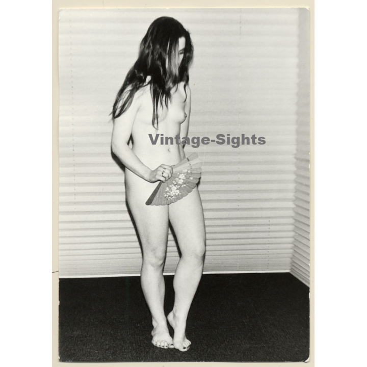 Erotic Study: Long-Haired Nude Female With Spanish Fan (Vintage Photo GDR 1980s)