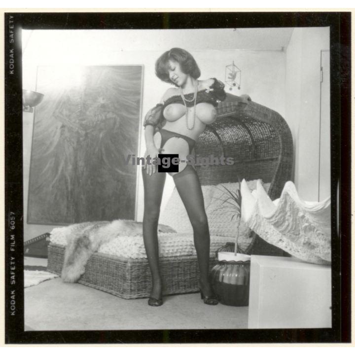 Erotic Study: Slim Curvy Nude On Ratan Beach Chair*1 (Vintage Contact Print 1970s/1980s)