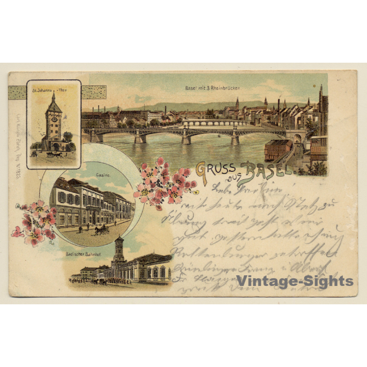 Basel: St. Johanns Tor - Casino - Bahnhof (Vintage PC Litho 1899)