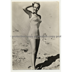 Blonde Pin Up Girl In One Pieces Swimsuit / Dunes (Vintage RPPC ~1960s)