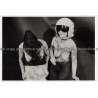 2 Funny Dressed Semi Nude Women / Helmet - Body Painting  (Vintage Photo DDR B/W 1981)