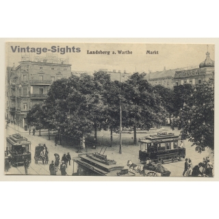 Landsberg (Warthe) / Gorzów Wielkopolski: Markt - Strassenbahn (Vintage PC ~1910s/1920s)