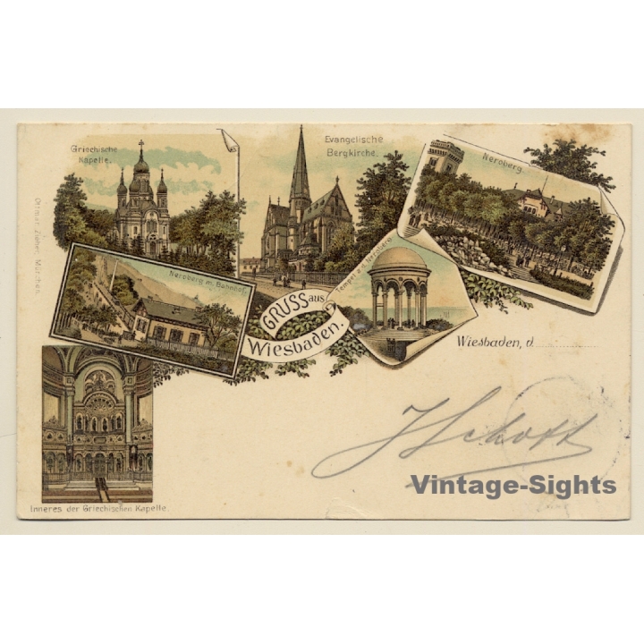 Wiesbaden: Neroberg / Bergkirche / Griechische Kappelle (Vintage PC Litho 1897)