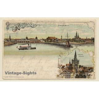 Konstany am Bodensee: Dampfer - Münster - Seeufer (Vintage PC Litho 1905)