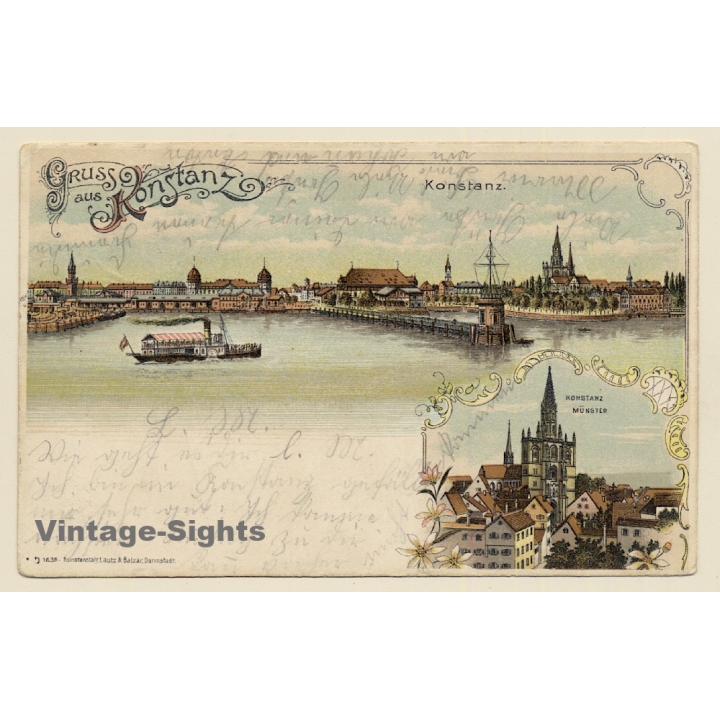 Konstany am Bodensee: Dampfer - Münster - Seeufer (Vintage PC Litho 1905)