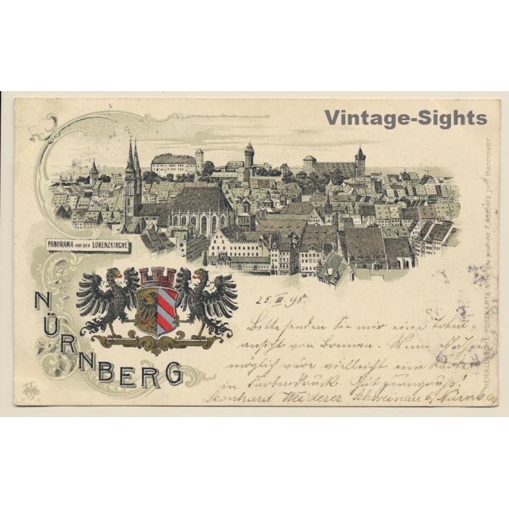 Nürnberg: Panorama Von Der Lorenzkirche / Wappen (Vintage PC Litho 1898)