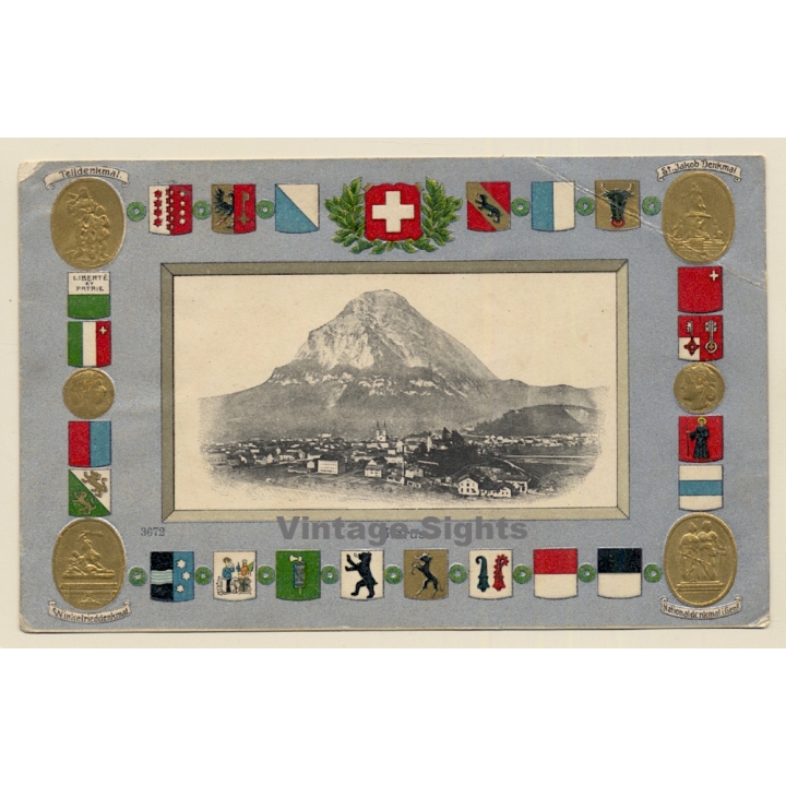 Glarus / Switzerland: Mountain - Coat Of Arms (Vintage PC 1900s)