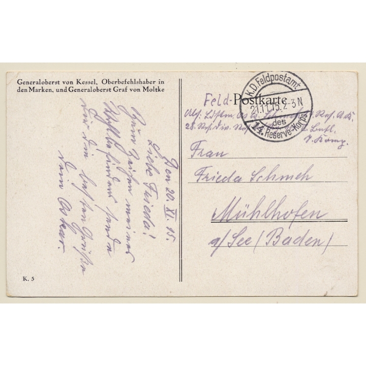 WW1: Generaloberst Von Kessel & Graf Von Moltke (Vintage PC 1905)