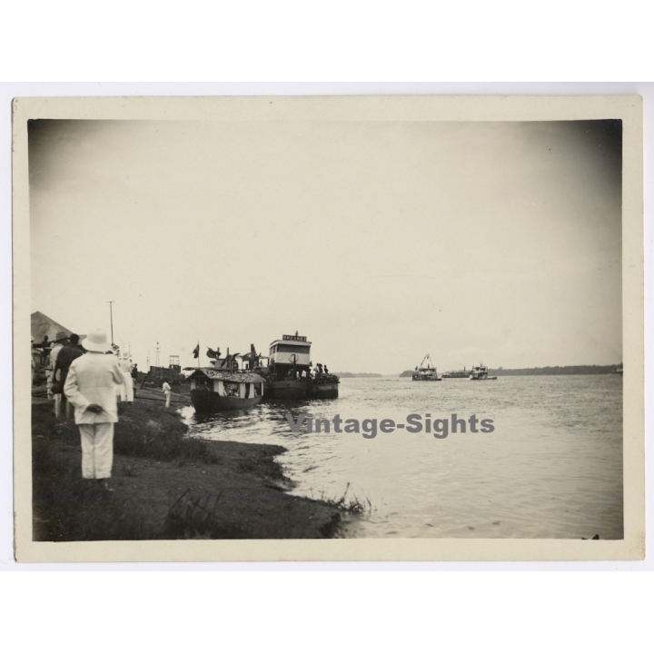 Congo Belge: Steamboats Dock at Rivershore During Royal Visit (Vintage Photo 1928)