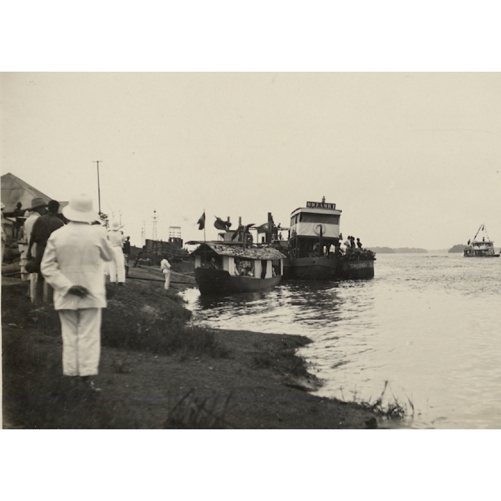 Congo Belge: Steamboats Dock at Rivershore During Royal Visit (Vintage Photo 1928)