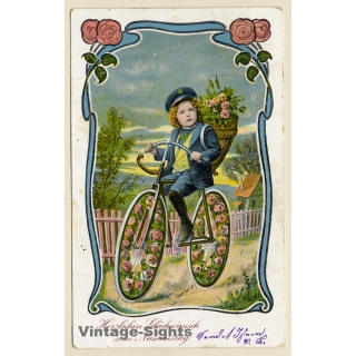 Sweet Little Girl On Bicycle Decorated With Flowers (Vintage PC 1905)