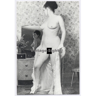 Erotic Study: Curvy Nude Female Watches Herself In Mirror (2nd Gen. Photo  ~1950s)