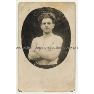 Portrait Of Handsome Muscular Guy / Gay INT (Vintage RPPC ~1910s/1920s)