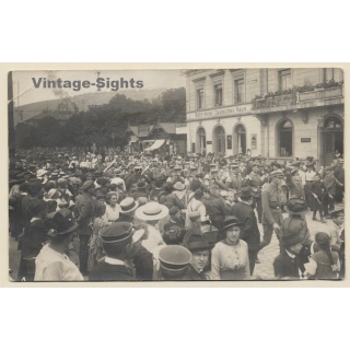 WW1 Germany: Bahn-Hotel Deutsches Haus - Troop Deployment For Front? (Vintage RPPC ~1910s)