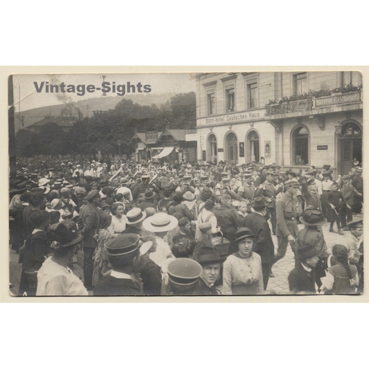 WW1 Germany: Bahn-Hotel Deutsches Haus - Troop Deployment For Front? (Vintage RPPC ~1910s)