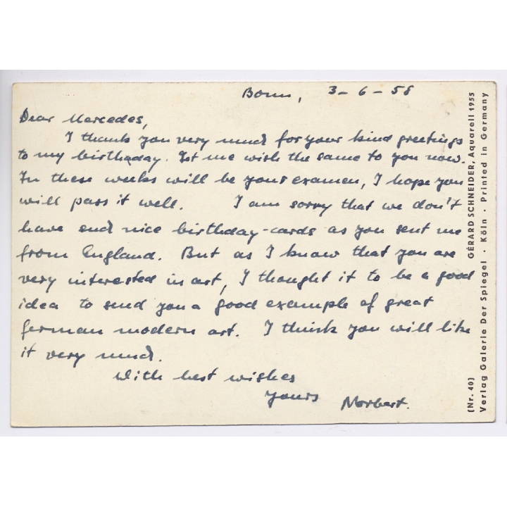 Gérard Schneider: Aquarell 1955  / Modern Art (Vintage Artist PC 1958)