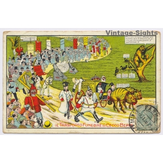 Italian Propaganda WW1: Il Trasporto Funebre di Cecco Beppe / Cartoon (Vintage PC 1916)