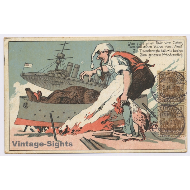 German Propaganda WW1: Den russischen Bär vom Osten... / Cartoon (Vintage PC 1914)