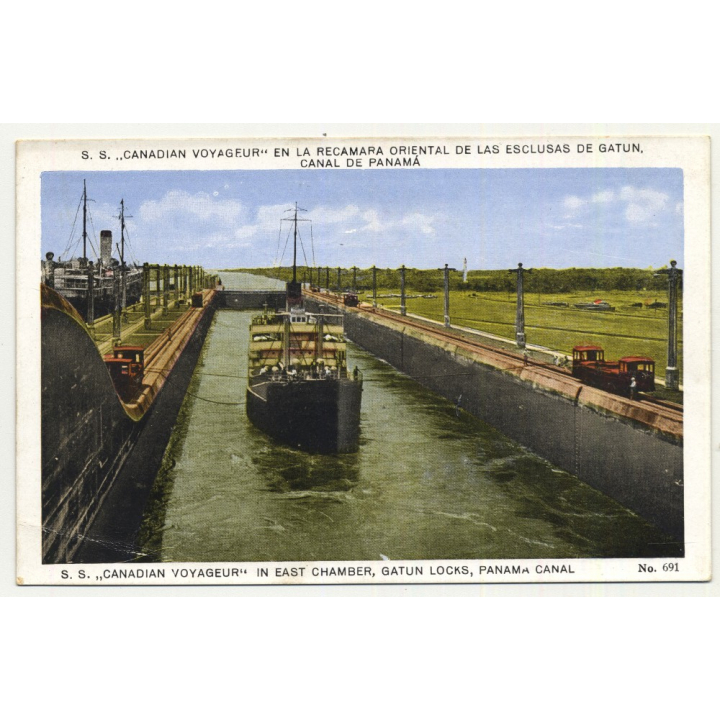 S.S. Canadian Voyageur In East Chamber, Gatun Locks / Panama Canal (Vintage Postcard ~1920s)